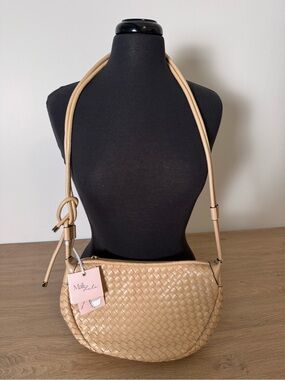 Woven Half-Moon Crossbody Bag in Tan